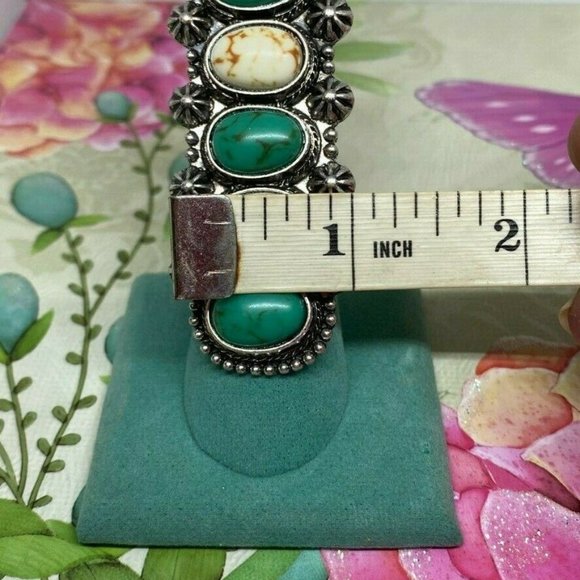 Green Turquoise White Buffalo Silver Ring adjstbl - Picture 7 of 9